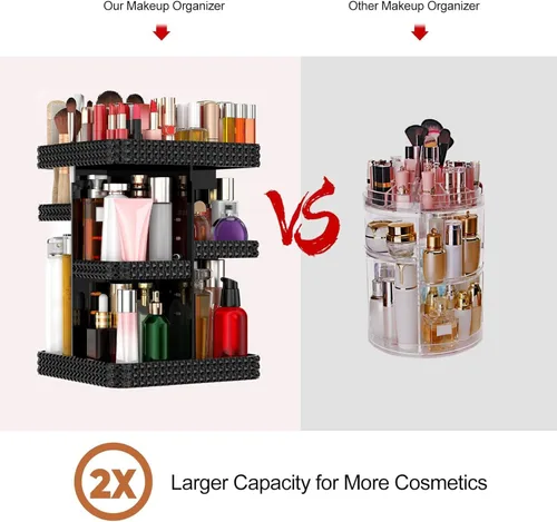 Vista 3 de Organizador de maquillaje giratorio de 360º – Almacenamiento de maquillaje acrílico negro para tocador, organizador de cosméticos con loción