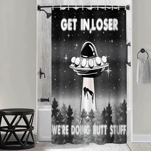 Vista 16 de MERCHR Funny UFO Shower Curtain for Bathroom, Unique Fun Alien Blue Space Starry Sky Forest Fabric Shower Curtains Set, Weird Restroom Decor