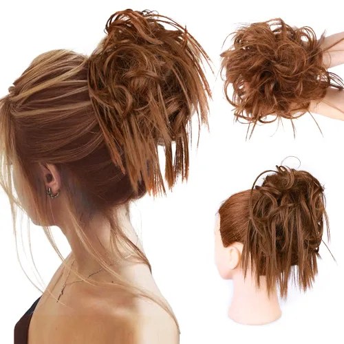 Vista 23 de HMD - Extensiones de cabello tipo chongo alborotado con rodelo despeinado, banda elástica de goma, extensiones de cabello sintético para mujer