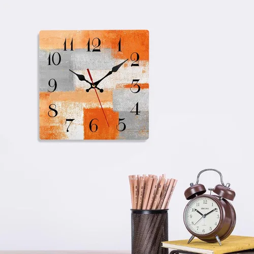 Vista 6 de ArtSocket Reloj de pared de madera, silencioso, sin tictac, abstracto, naranja, gris, geométrico, minimalista, a cuadros, cuadrado, rústico