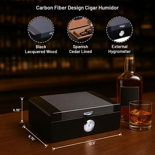 Vista 2 de Bey-Berk Dylan Humidor de puros con diseño de fibra de carbono, caja de 40 puros forrada de cedro español con higrómetro y humidificador, color negro