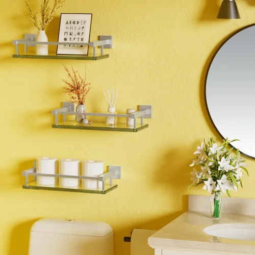 Vista 2 de Estantes de vidrio Alise para pared de baño, estante de baño de vidrio templado montado en la pared, estantes flotantes modernos que ahorran espacio