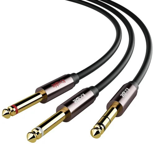 Vista 2 de Cable de audio estéreo TRS de 1/4 de pulgada a doble 1/4 de pulgada con inserción en Y de 4 pies (paquete de 2), macho de 0.250 in a 2 cables macho