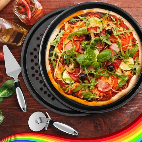 Vista 6 de Kit para hacer pizza, juego de sartén para pizza con cáscara de pizza de 12 pulgadas, sartén para pizza de 12 pulgadas, cortador de pizza de 11