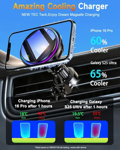 Vista 4 de Para Qi2 Cargador de Montaje de Coche MagSafe de 15W con Luz RGB, Soporte Magnético Inalámbrico de Enfriamiento por Hielo para Teléfono, Carga