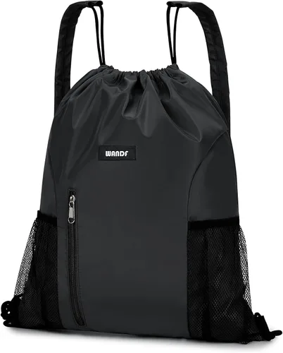 Vista 8 de WANDF Mochila con cordón y almohadilla para el hombro, mochila deportiva para gimnasio con bolsillo de malla para mujeres y hombres, Negro -, Classic