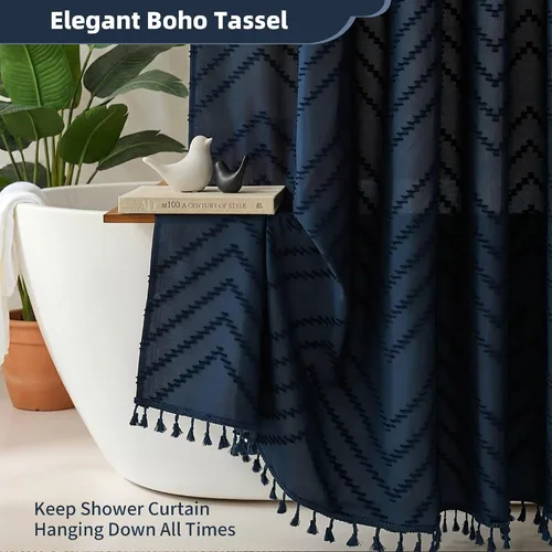 Vista 63 de Cortina de ducha Siiluminisoy de 36x72 beige, cortina de ducha de tela de tamaño pequeño, cortinas de ducha de tela con tufting, diseño chevron a