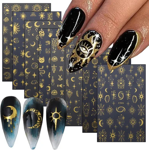 Vista 10 de Calcomanías de uñas autoadhesivas 3D de rosa negra, diseño holográfico de serpiente, sol, estrellas, decoración para mujeres, consejos de manicura