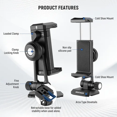 Vista 8 de Adaptador de montaje de trípode para teléfono Neewer con base tipo Arca QR, zapata fría, agujeros de 1/4" y 3/8", giro de 360° y inclinación