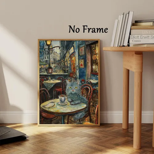 Vista 6 de Lienzo abstracto de gato para pared, impresiones de animales vintage, imágenes divertidas de gatos, animales bebiendo café, arte de pared de gatos