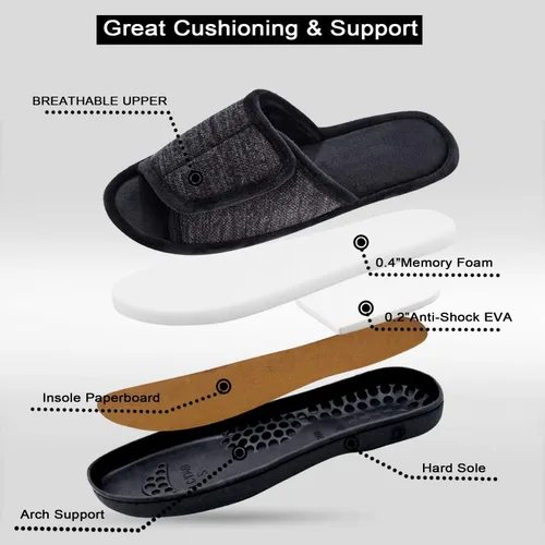 Vista 4 de DL Pantuflas ajustables de espuma viscoelástica para hombre, con punta abierta, cómodas para interiores y exteriores, acogedoras y transpirables