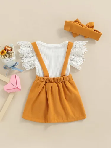 Vista 3 de Madjtlqy Conjunto de 3 piezas de verano para niñas pequeñas, mameluco acanalado de manga corta con volantes + falda con tirantes + diadema