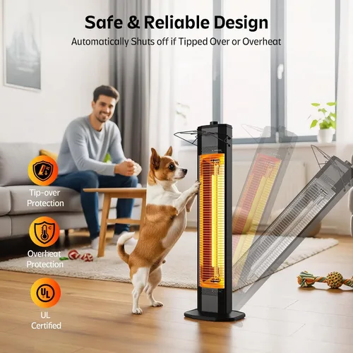 Vista 6 de Calentador eléctrico para patio al aire libre, calentador de torre infrarrojo de 34 pulgadas de 1500 W con calentamiento instantáneo, protección