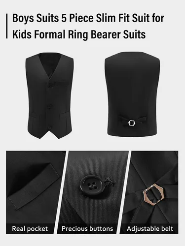 Vista 4 de 5 Piece Boys Suits for Wedding Ring Bearer Outfit Kids Tuxedo Negro (corbata de rayas)