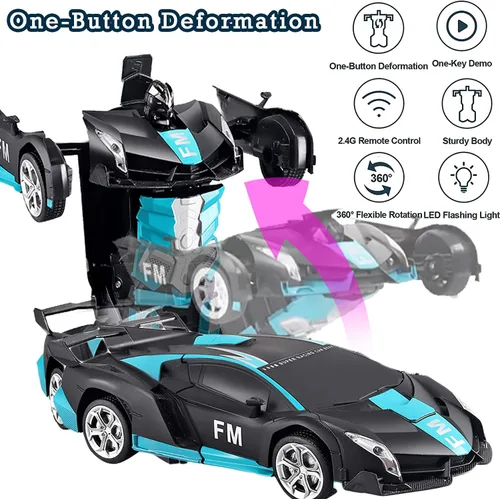 Vista 3 de Transform - Robot de coche RC de 24 GHz 118 recargable con control remoto de policía juguetes con luz y transformación de un botón y rotación de 360