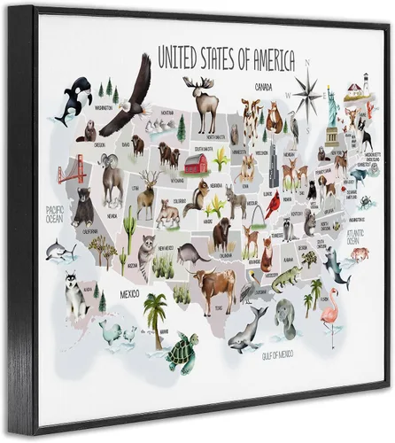 Vista 2 de Estados Unidos de América Mapa de Animales Kid's' Arte Giclée enmarcado Blanco costero (Texturado)