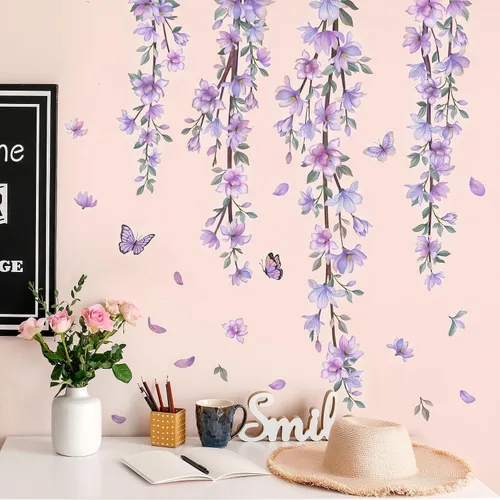 Vista 8 de Adhesivo de pared colgante, creativo, extraíble, DIY, de flores púrpuras y enredaderas, con algunas mariposas voladoras, adhesivo de vinilo