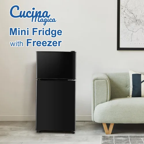 Vista 2 de Cucina Magica - Mini refrigerador con congelador, 3.2 pies cúbicos, pequeño refrigerador, 7 termostatos ajustables, ahorro de energía, bajo nivel