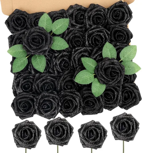 Vista 46 de MACTING 30 PCS Flores Artificiales Rosas Negras y Blancas Flores Falsas con Tallo Rosas de Espuma de Tacto Real para Boda Bola de Besos Ramillete
