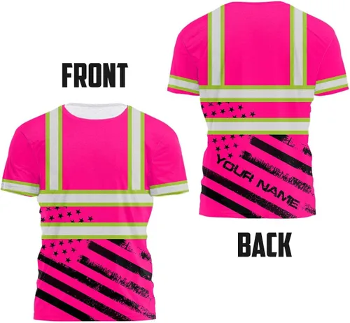 Vista 3 de HiVis Custom Camisa de alta visibilidad de color con bandera de Estados Unidos para hombres y mujeres con nombre personalizado camiseta de seguridad