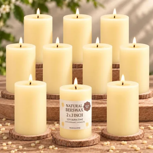Vista 10 de Velas de pilar de cera de abeja natural, no tóxicas, 2 x 3 pulgadas, paquete de 6, 192 H de combustión larga Amarillo