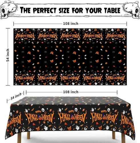 Vista 2 de Labeol Paquete de 3 manteles de Halloween, 108 x 54 pulgadas, manteles de Halloween negros, desechables, impermeables, de plástico, rectangular