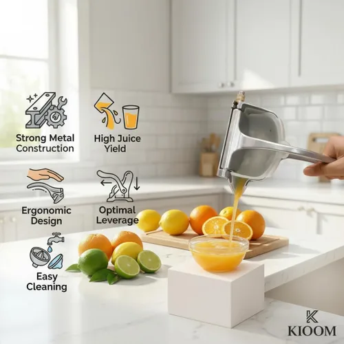 Vista 3 de Exprimidor manual - Exprimidor manual de frutas para naranja, limón, lima y cítricos - Exprimidor de jugo de metal resistente con base antideslizante