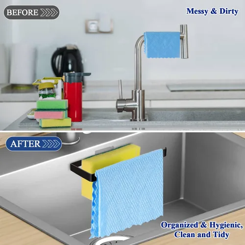 Vista 5 de GAViA Soporte de esponja para fregadero de cocina, colgador de esponja y paño de cocina, adhesivo a prueba de óxido, acero inoxidable 304, sin Negro