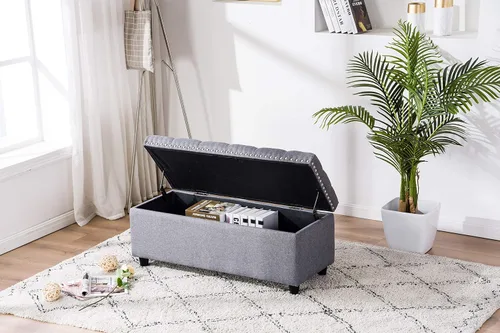 Vista 3 de Legend Vansen Banco otomano para dormitorio, tela Nailheed Trim con botones, gran almacenamiento, 41 pulgadas, gris