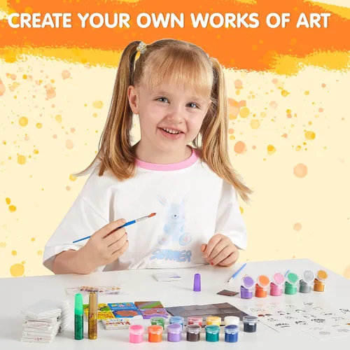 Vista 7 de JOYIN Kit de 12 pinturas de roca y 24 mini azulejos magnéticos, arte y manualidades para niños, suministros de arte con varias pinturas, kits