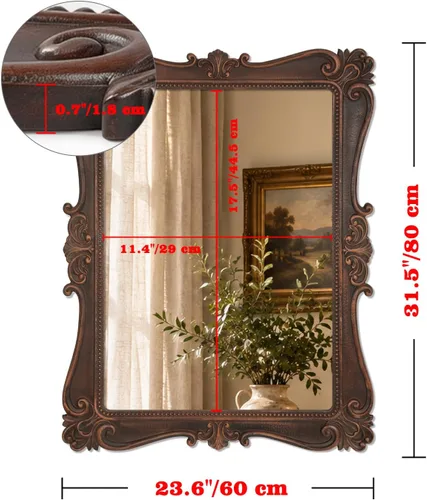 Vista 2 de Antique Brown Wall Mirror, Vintage European Ornate Carved Frame 16 x 22 Inch, HD Glass Mirror, Hand-Applied Distressed Finish, Ready to Hang, for