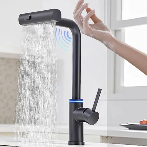 Vista 17 de Grifo de cocina táctil, rociador desplegable de 3 modos, sensor táctil activado, control de temperatura LED, rotación de 360 grados, placa de Negro