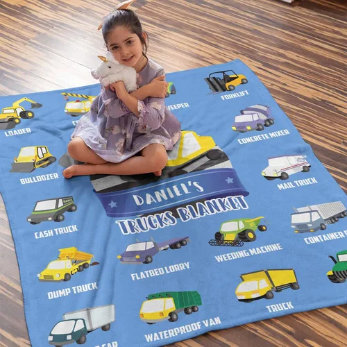 Vista 4 de Artsadd Mantas personalizadas con nombre y diseño de transporte para bebé niño de 30 x 40 pulgadas, manta personalizada de camión con nombre