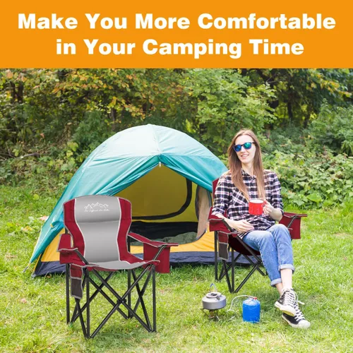 Vista 7 de 2 sillas plegables para camping, portátil, para exteriores, resistentes, acolchadas, silla de césped con soporte para tazas, bolsillo de Rojo-algodón