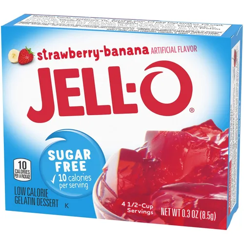 Vista 5 de Jell-O Mezcla de postre de gelatina sin azúcar, sabor fresa y plátano, gelatina de frutas baja en calorías para postres, aperitivos y recetas