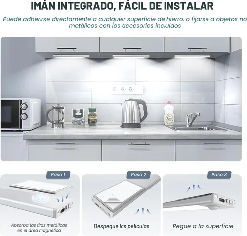 Vista 6 de Paquete de 6 luces inalámbricas para debajo del gabinete, 32 luces LED recargables con sensor de movimiento para interiores, luces magnéticas