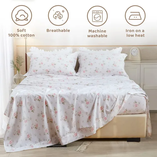 Vista 5 de QSH Juego de sábanas florales tamaño Queen - Vintage chic desgastado, flores de rosa, 100% algodón, ropa de cama estampada, sábanas tamaño Queen