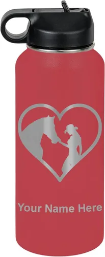 Vista 37 de LaserGram Botella de agua personalizada, corazón de vaquera de caballo, acero inoxidable de doble pared aislada al vacío con popote superior, regalo