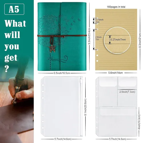 Vista 2 de OMEYA Cuaderno de cuero para diario, planificador de diario de escritura recargable, regalos para mujeres, hombres, niñas, hermanas, amigos