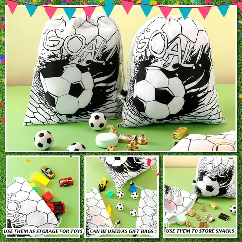 Vista 4 de Xuhal 24 bolsas con cordón de fútbol, recuerdos de fiesta de fútbol, bolsas de regalo de golosinas, mochila deportiva con cordón para pelota