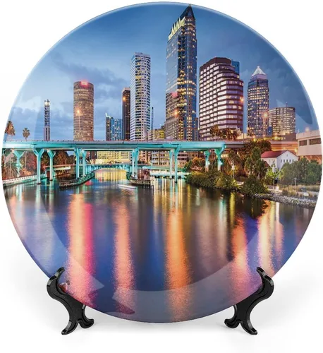 Vista 8 de XISUNYA Plato decorativo de 6 pulgadas, placa de porcelana con paisaje urbano, puente histórico antiguo en Budapest, impresión tradicional europea