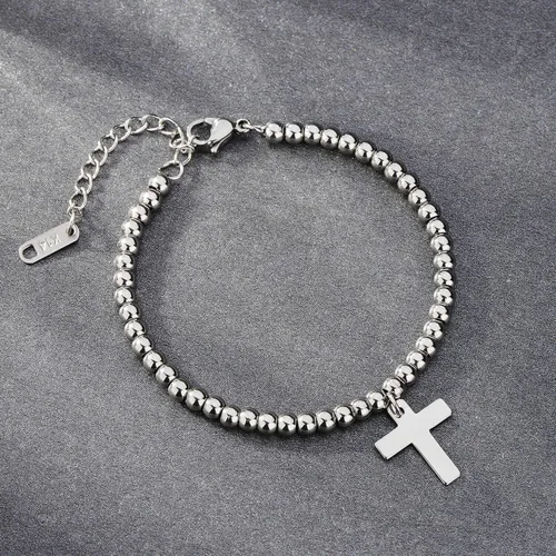 Vista 7 de Pulsera de cuentas de oro de 14 quilates chapada en oro con cruz y cadena de cola ajustable de 2.2in.
