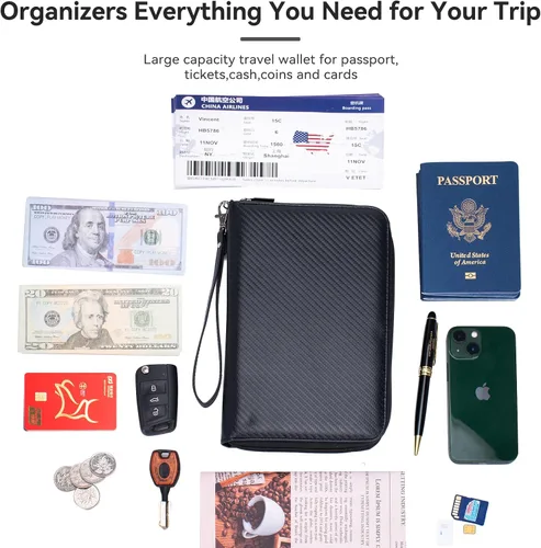 Vista 3 de Alameda - Cartera para pasaporte de viaje Organizador de tarjetas de fibra de carbono para documentos con correa de muñeca desmontable, cartera