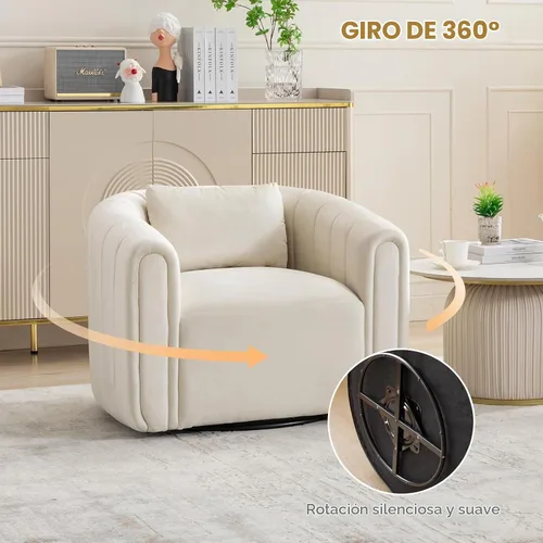 Vista 5 de ANJ Silla giratoria decorativa, silla de barril de terciopelo para sala de estar, cómodo sillón moderno, completamente montado (beige)
