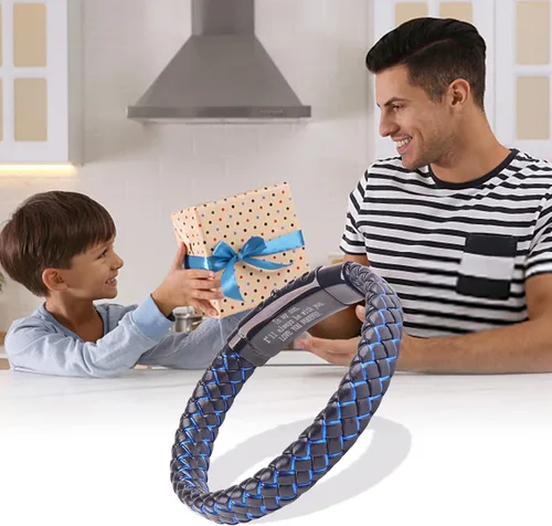 Vista 22 de Pulsera de cuero trenzado con texto en inglés «Love You Forever» para hombres y niños, pulsera inspiradora de acero inoxidable, pulsera de cuero