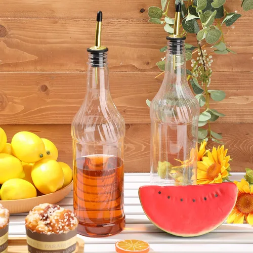 Vista 6 de Dandat 20 botellas de plástico de cuello largo de 32 onzas con vertedor y tapas, botellas de plástico para verter jugos con vertedor de acero Dorado