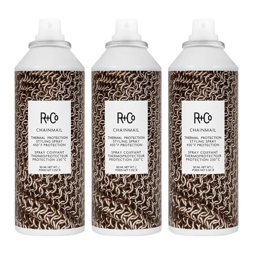 Vista 2 de R+Co CHAINMAIL Spray de protección térmica, paquete de 3, protector térmico para cabello, fortalece y suaviza, todo tipo de cabello