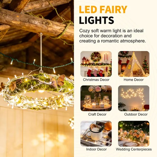 Vista 7 de Guirnalda de 500 luces LED de 164 pies, 8 modos de enchufe, con función de memoria, tira de luces verdes de Navidad para dormitorio, árbol