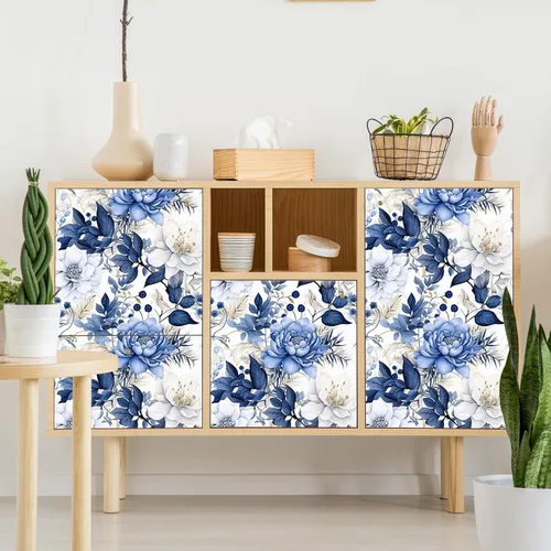 Vista 3 de Booming Peony - Papel tapiz floral de peonía para despegar y pegar - Papel tapiz autoadhesivo removible de hojas azul/blanco - Mural decorativo