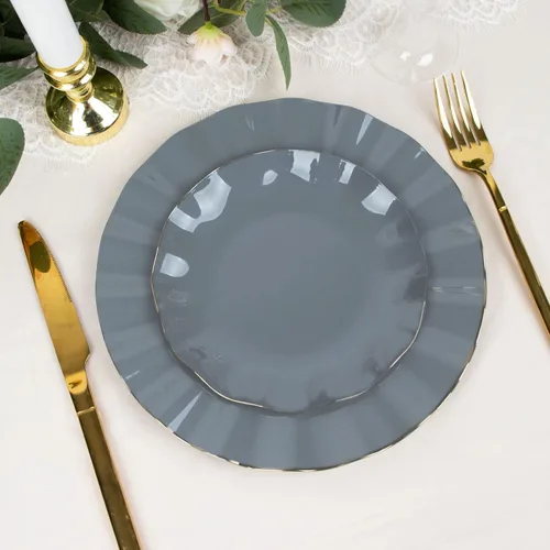 Vista 146 de Tableclothsfactory Paquete de 10 platos redondos de plástico negro de 6 pulgadas para ensalada de postre, platos desechables con borde ondulado